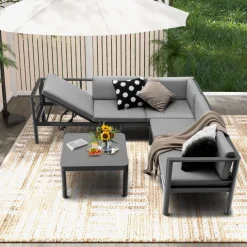 Tangkula 3 Piece Aluminum Patio Furniture Set, Patiojoy Outdoor Sectional Sofa Set with 6-Level Reclining Backrest