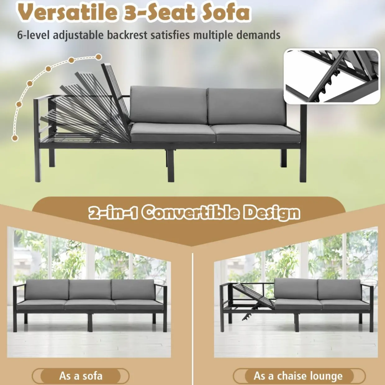 Tangkula 3 Piece Aluminum Patio Furniture Set, Patiojoy Outdoor Sectional Sofa Set with 6-Level Reclining Backrest