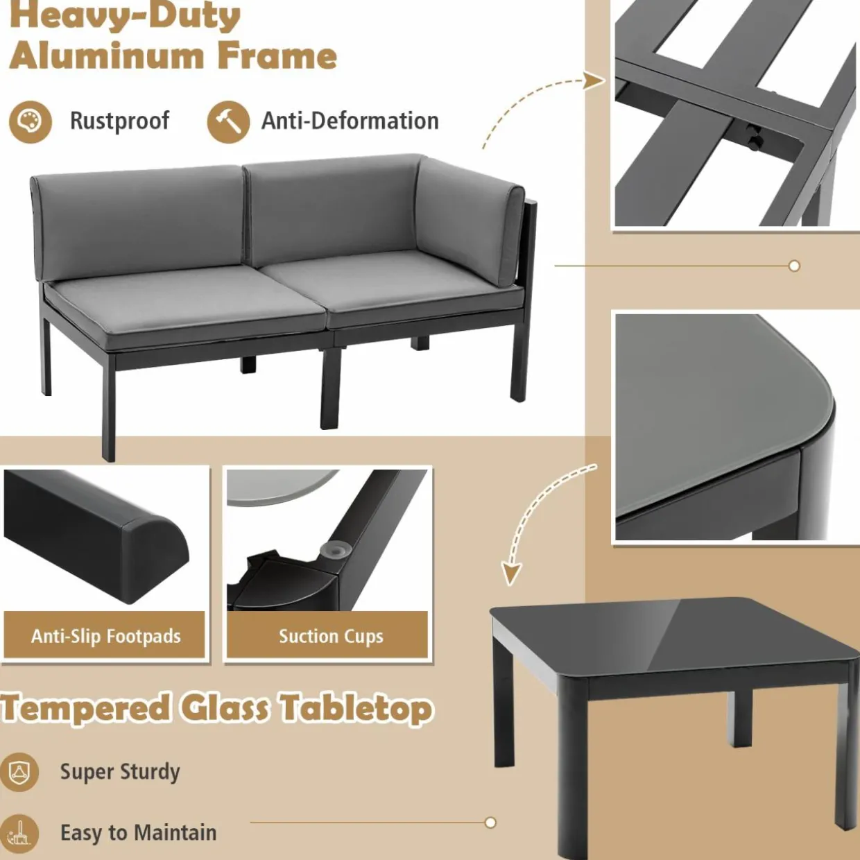 Tangkula 3 Piece Aluminum Patio Furniture Set, Patiojoy Outdoor Sectional Sofa Set with 6-Level Reclining Backrest