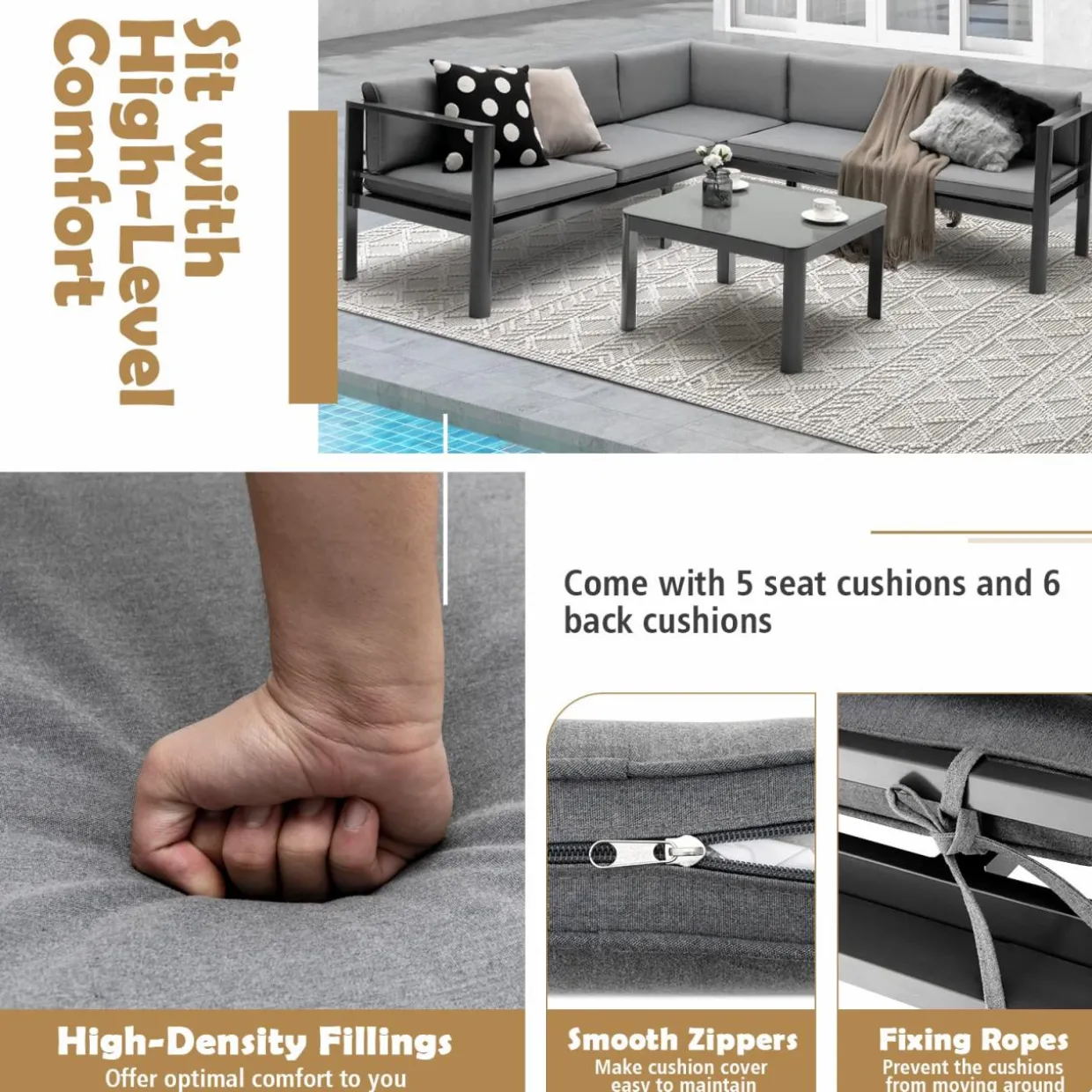 Tangkula 3 Piece Aluminum Patio Furniture Set, Patiojoy Outdoor Sectional Sofa Set with 6-Level Reclining Backrest