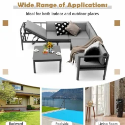 Tangkula 3 Piece Aluminum Patio Furniture Set, Patiojoy Outdoor Sectional Sofa Set with 6-Level Reclining Backrest