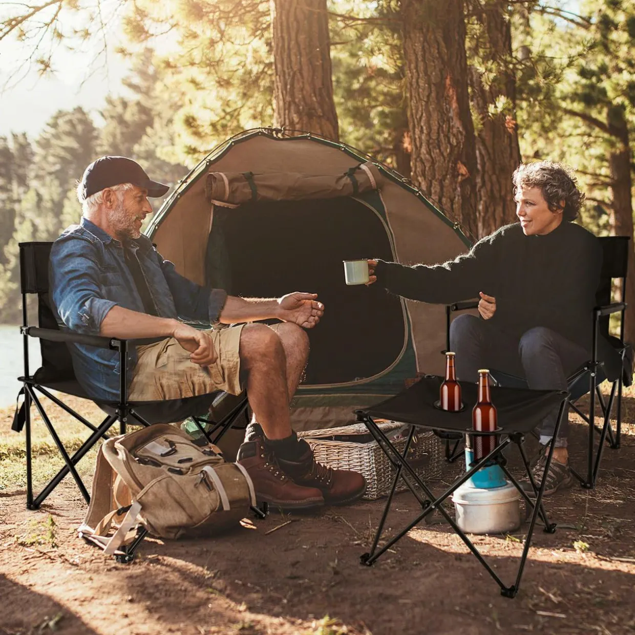 Tangkula 3 Piece Camping Chairs with Table, Portable Folding Lawn Chair with Side Table, Carrying Bag