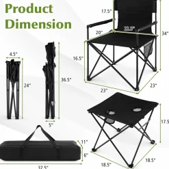 Tangkula 3 Piece Camping Chairs with Table, Portable Folding Lawn Chair with Side Table, Carrying Bag
