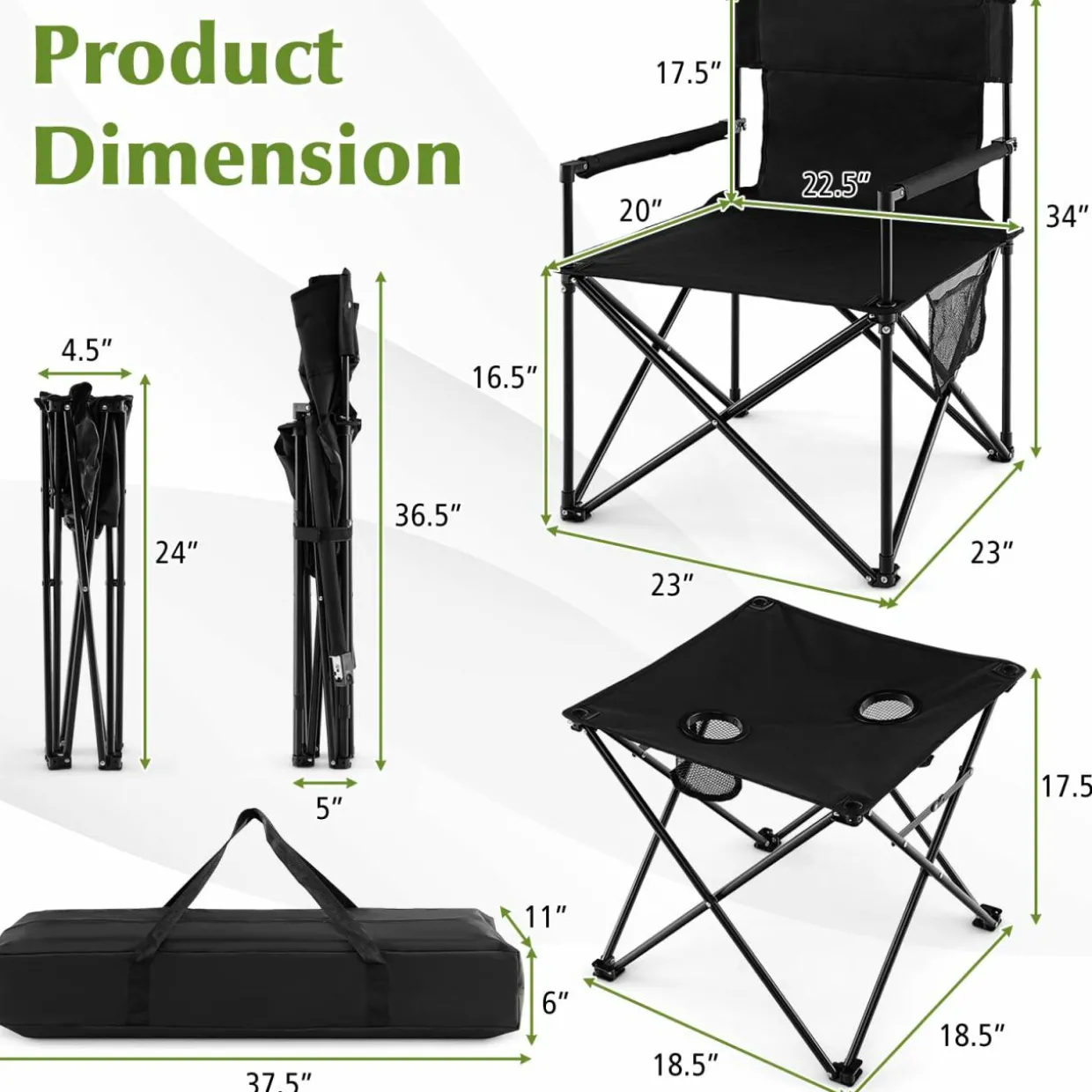 Tangkula 3 Piece Camping Chairs with Table, Portable Folding Lawn Chair with Side Table, Carrying Bag