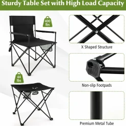 Tangkula 3 Piece Camping Chairs with Table, Portable Folding Lawn Chair with Side Table, Carrying Bag