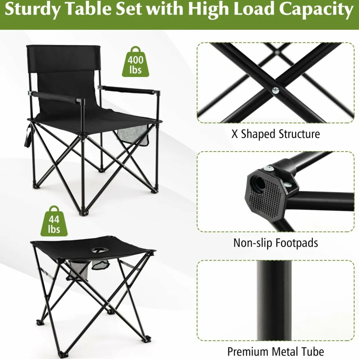 Tangkula 3 Piece Camping Chairs with Table, Portable Folding Lawn Chair with Side Table, Carrying Bag