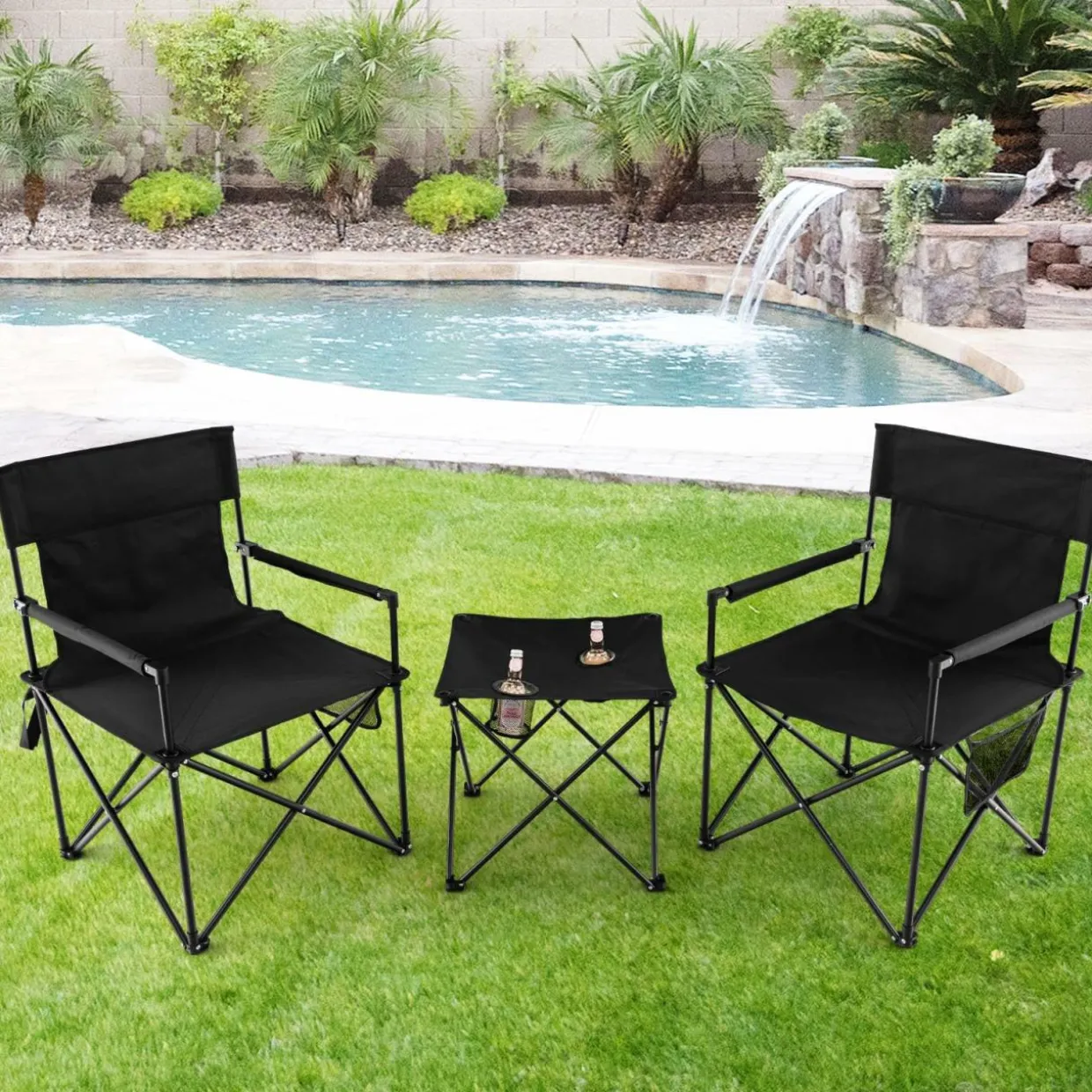 Tangkula 3 Piece Camping Chairs with Table, Portable Folding Lawn Chair with Side Table, Carrying Bag