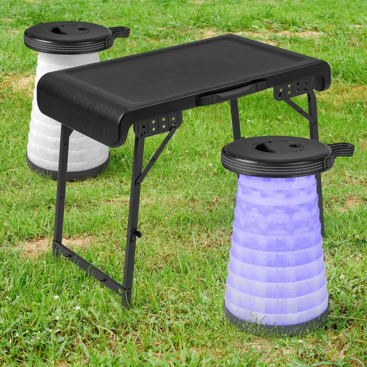 Tangkula 3 Piece Camping Table Set, Folding Camping Table with 2 Collapsible LED Stools