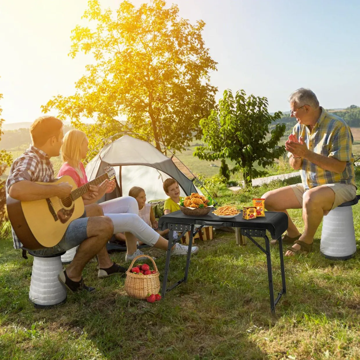 Tangkula 3 Piece Camping Table Set, Folding Camping Table with 2 Collapsible LED Stools