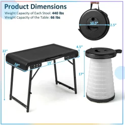 Tangkula 3 Piece Camping Table Set, Folding Camping Table with 2 Collapsible LED Stools