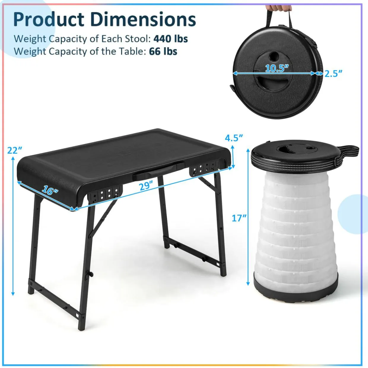 Tangkula 3 Piece Camping Table Set, Folding Camping Table with 2 Collapsible LED Stools