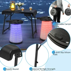 Tangkula 3 Piece Camping Table Set, Folding Camping Table with 2 Collapsible LED Stools