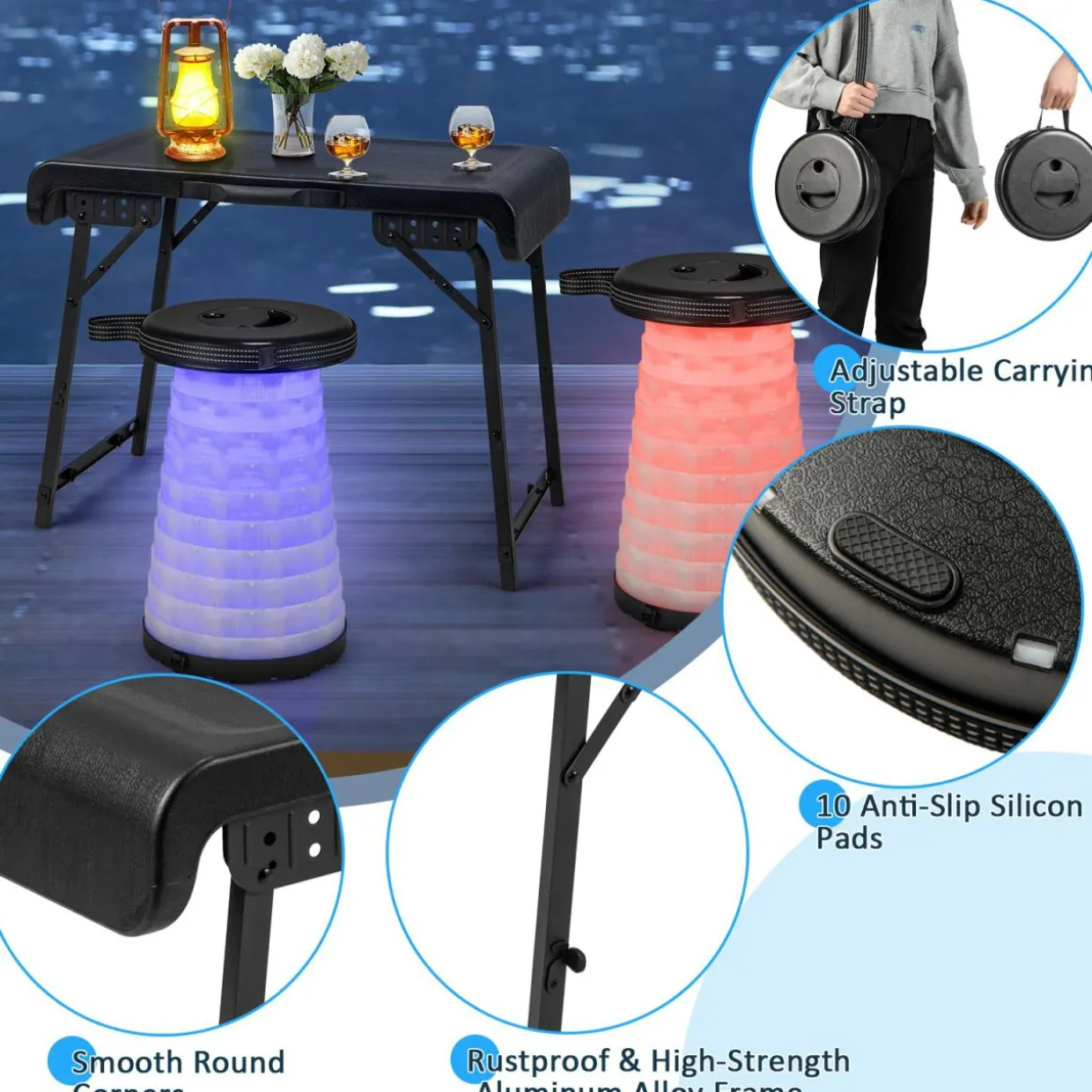 Tangkula 3 Piece Camping Table Set, Folding Camping Table with 2 Collapsible LED Stools