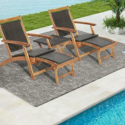 Tangkula 3 Piece Chaise Lounge Chair Set, Acacia Wood Deck Chairs with Side Table