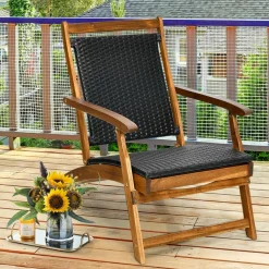 Tangkula 3 Piece Chaise Lounge Chair Set, Acacia Wood Deck Chairs with Side Table