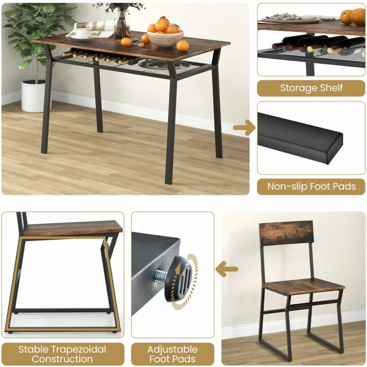 Tangkula 5 Piece Dining Table Set for 4, Kitchen Table and Chairs with 4 Trapezoid Chairs & Storage Rack