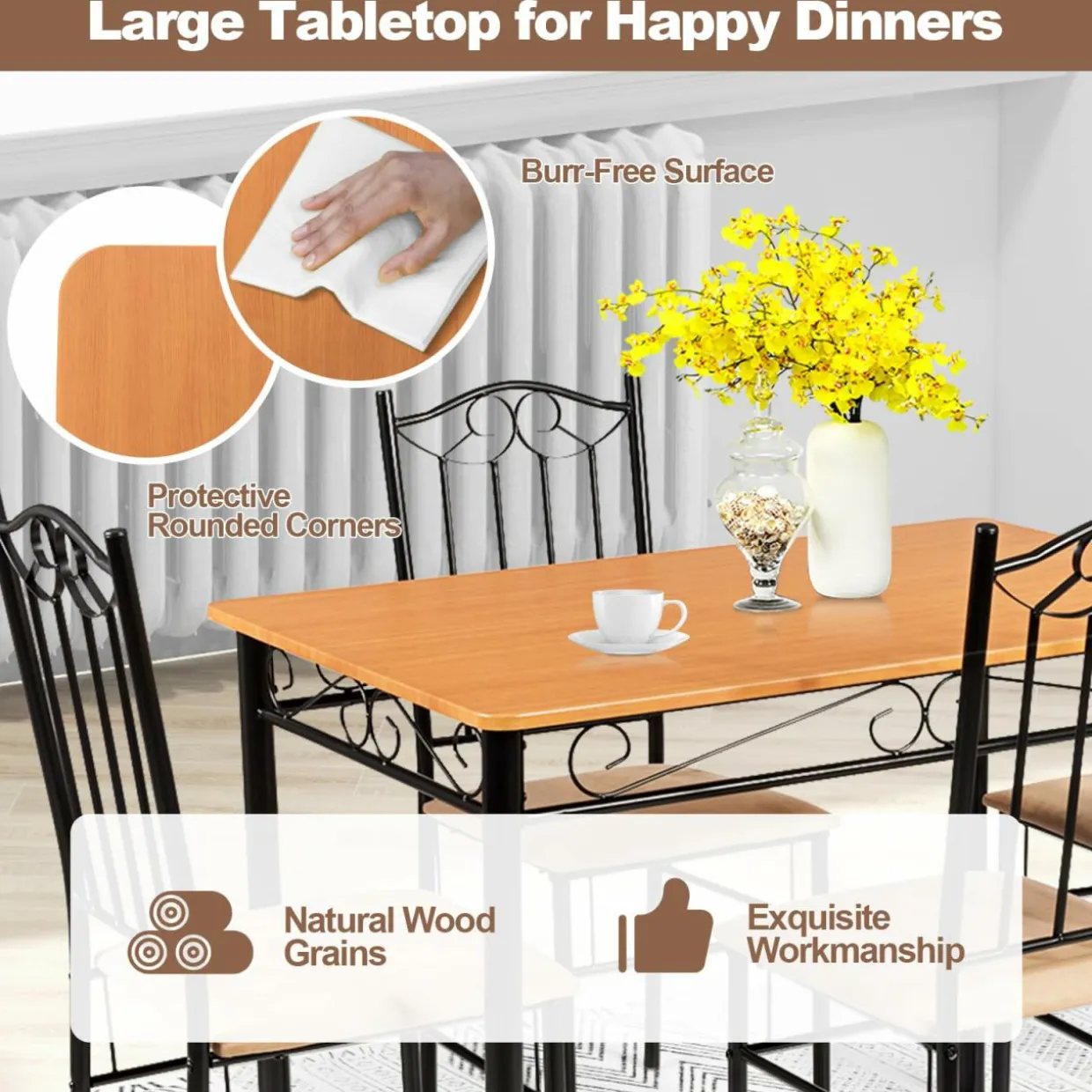Tangkula 5 Piece Dining Table Set, Vintage Wood Top Padded Seat Dining Table and Chairs Set