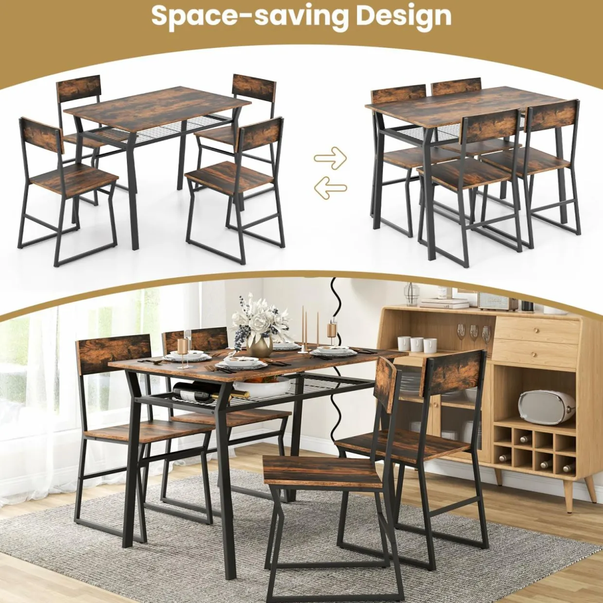 Tangkula 5 Piece Dining Table Set for 4, Kitchen Table and Chairs with 4 Trapezoid Chairs & Storage Rack