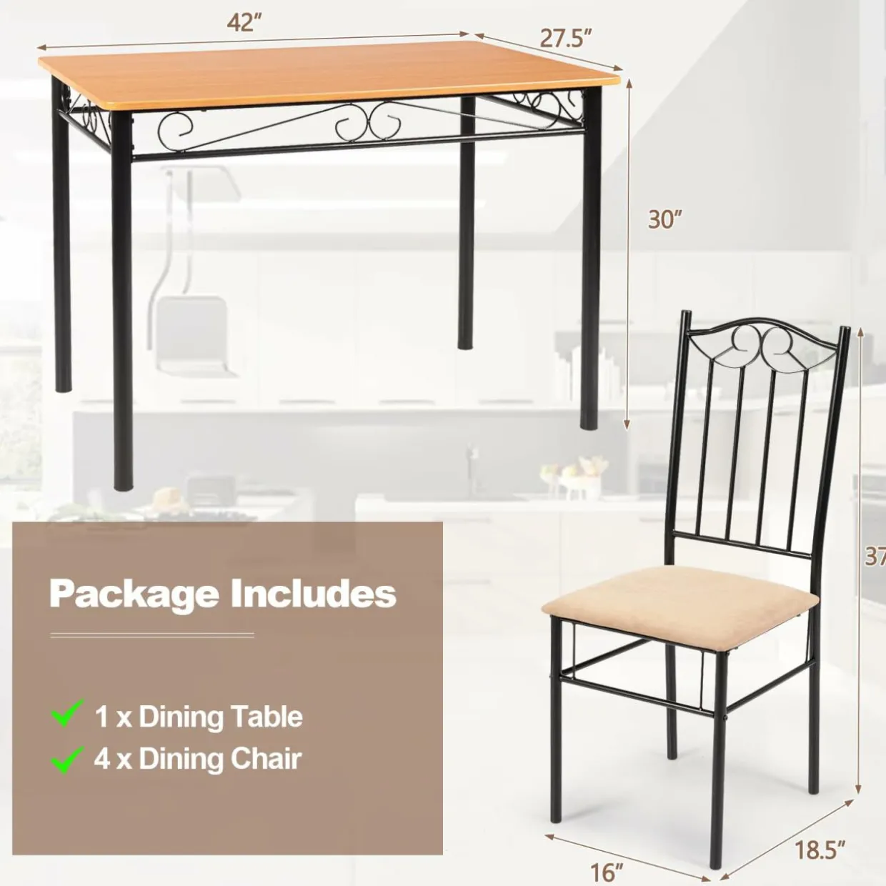 Tangkula 5 Piece Dining Table Set, Vintage Wood Top Padded Seat Dining Table and Chairs Set
