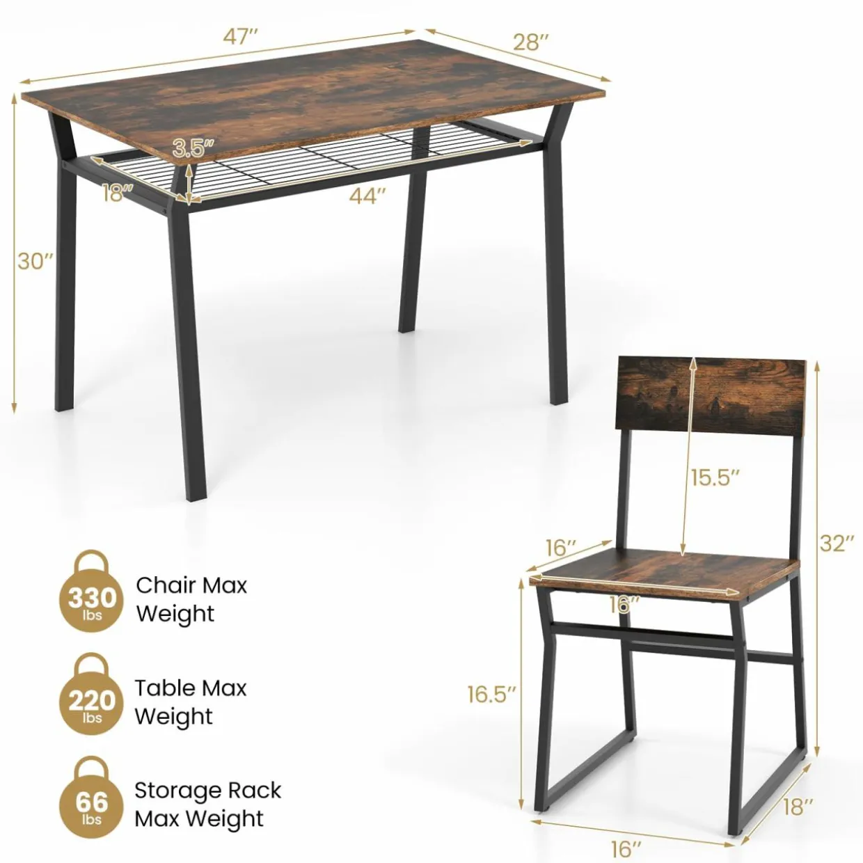 Tangkula 5 Piece Dining Table Set for 4, Kitchen Table and Chairs with 4 Trapezoid Chairs & Storage Rack