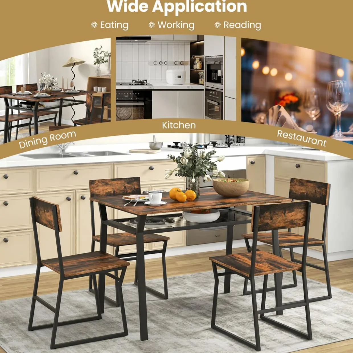 Tangkula 5 Piece Dining Table Set for 4, Kitchen Table and Chairs with 4 Trapezoid Chairs & Storage Rack