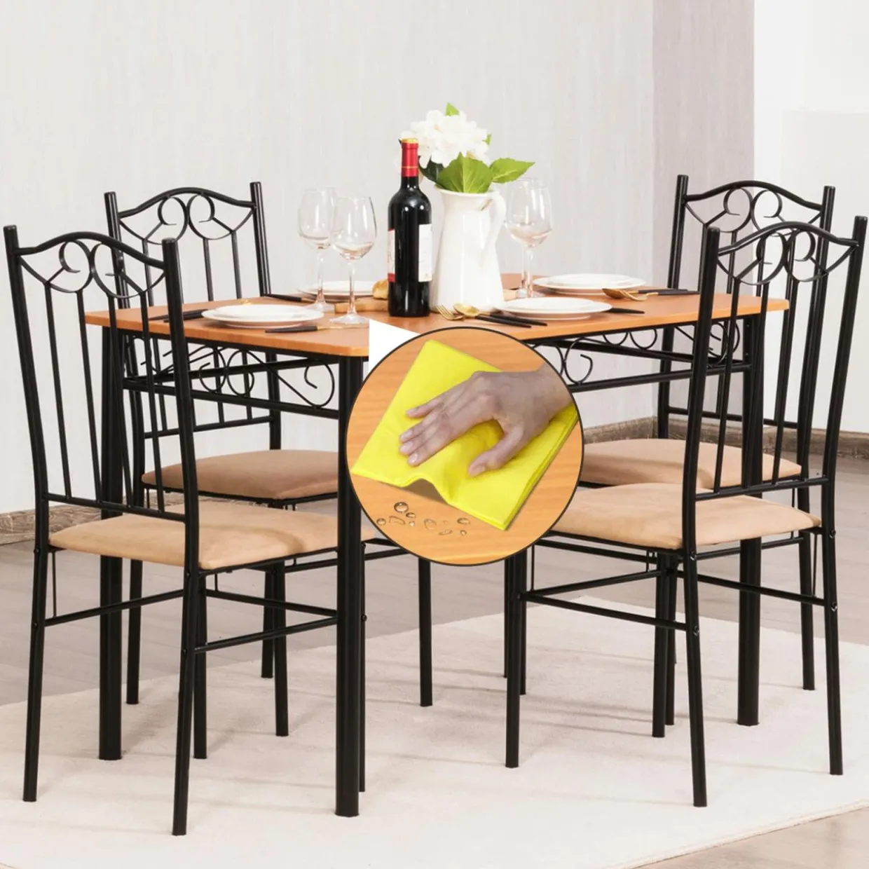 Tangkula 5 Piece Dining Table Set, Vintage Wood Top Padded Seat Dining Table and Chairs Set
