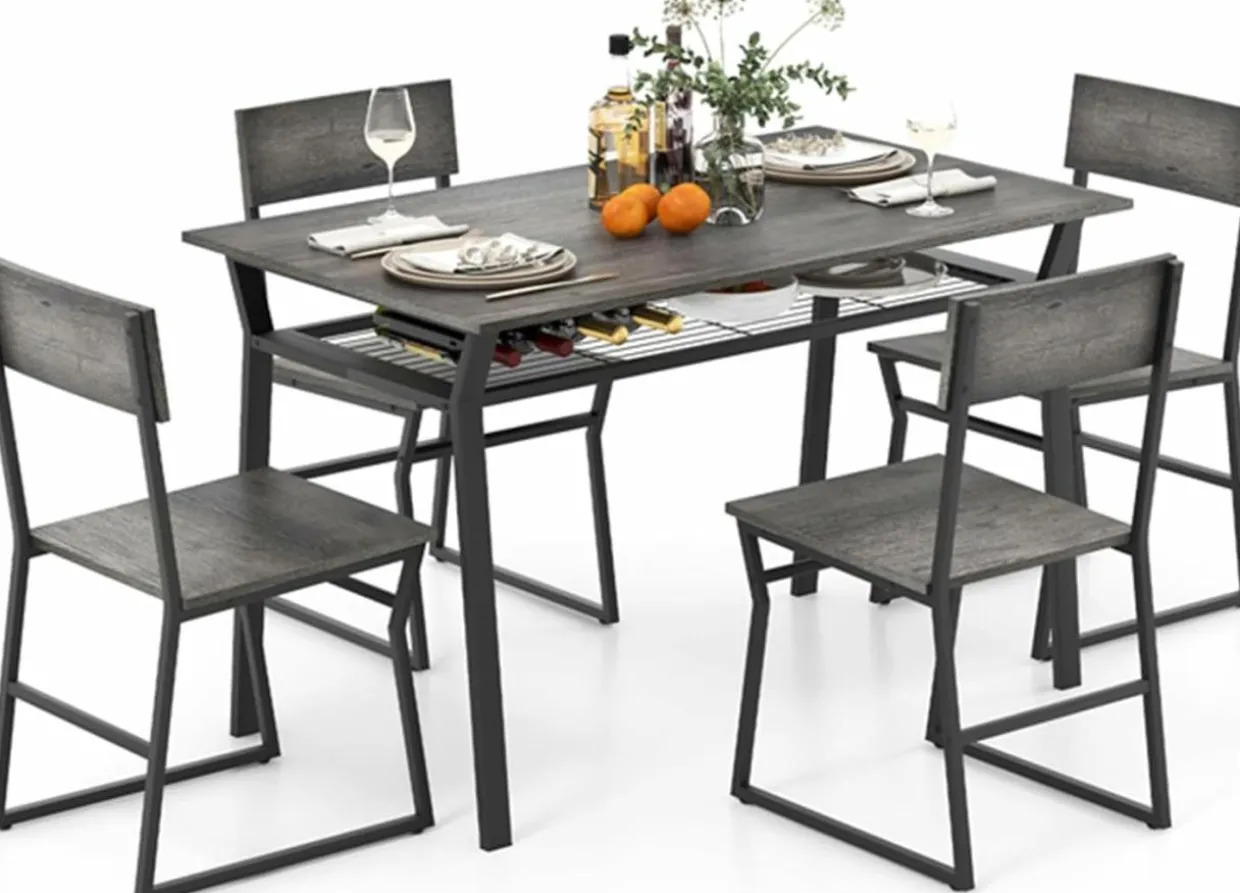 Tangkula 5 Piece Dining Table Set for 4, Kitchen Table and Chairs with 4 Trapezoid Chairs & Storage Rack