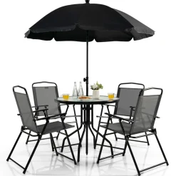 Tangkula 6 Piece Folding Patio Dining Set, Outdoor Table Chair Set for 4, 31.5" Round Table & 4 Folding Chairs, Patio Tiltable Umbrella Included