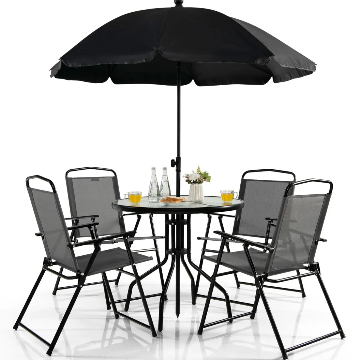 Tangkula 6 Piece Folding Patio Dining Set, Outdoor Table Chair Set for 4, 31.5" Round Table & 4 Folding Chairs, Patio Tiltable Umbrella Included