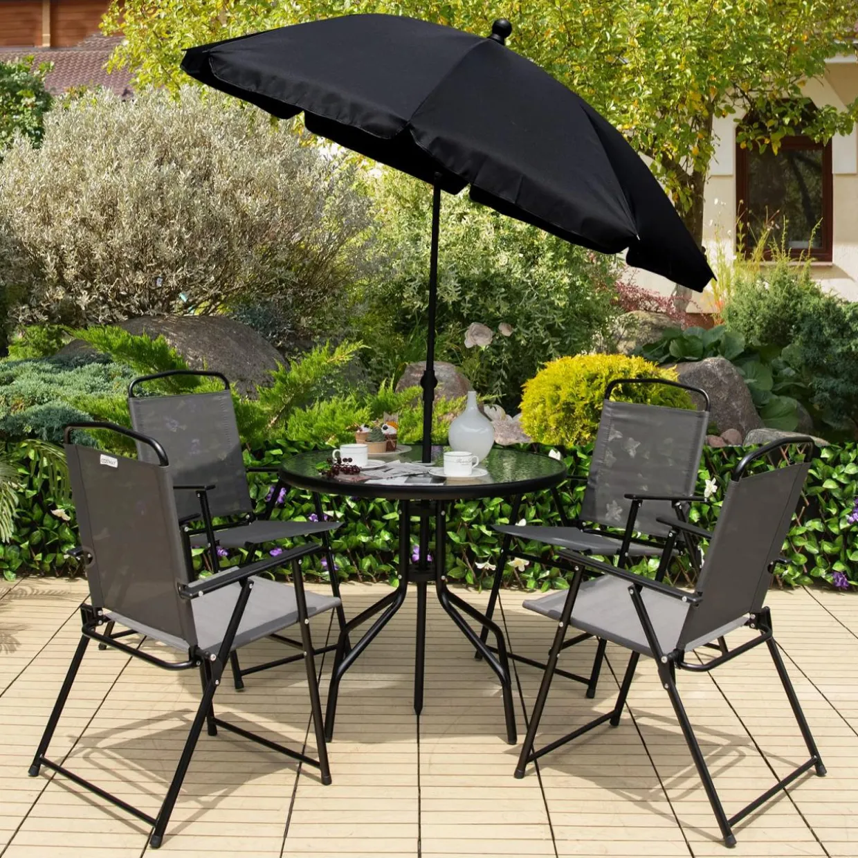 Tangkula 6 Piece Folding Patio Dining Set, Outdoor Table Chair Set for 4, 31.5" Round Table & 4 Folding Chairs, Patio Tiltable Umbrella Included