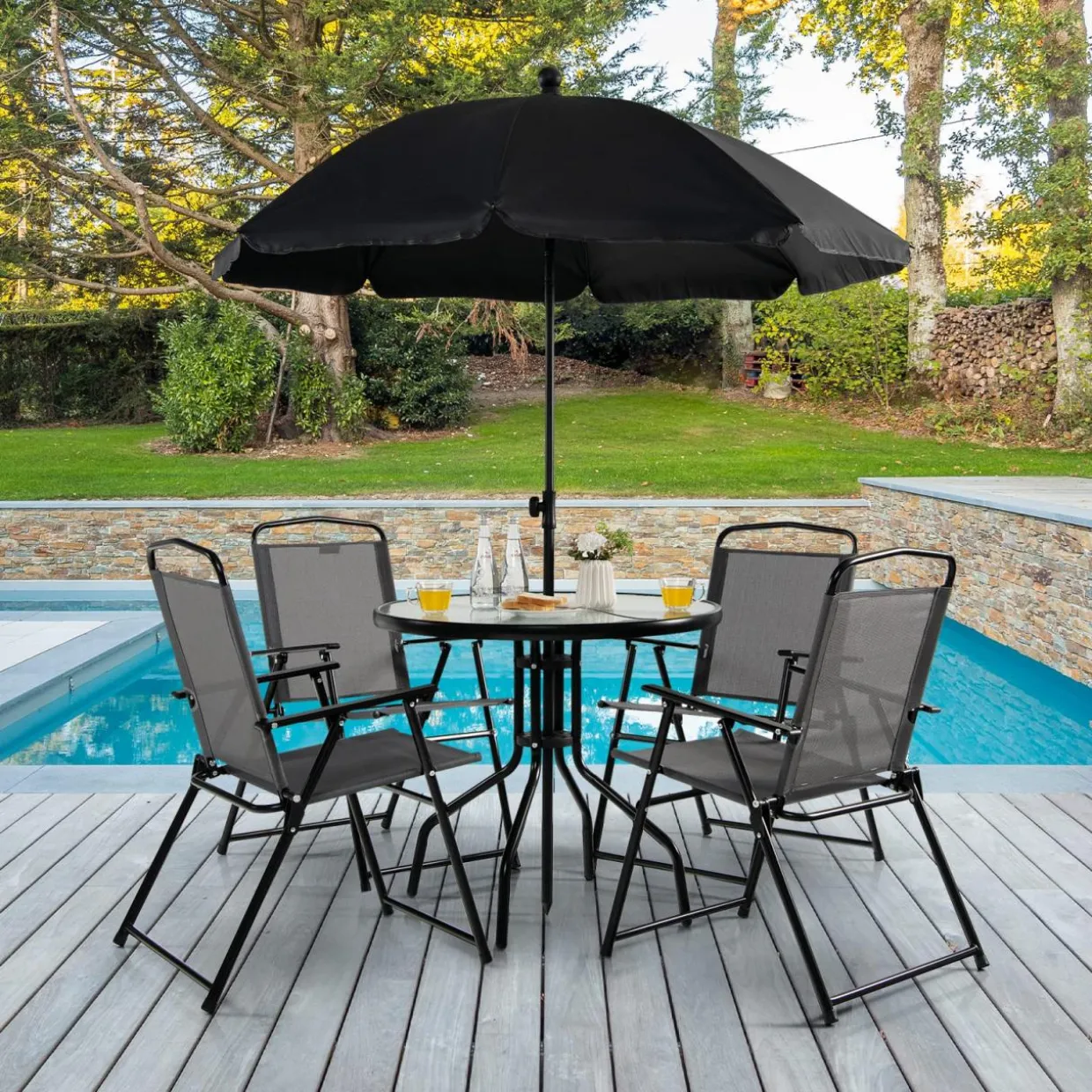 Tangkula 6 Piece Folding Patio Dining Set, Outdoor Table Chair Set for 4, 31.5" Round Table & 4 Folding Chairs, Patio Tiltable Umbrella Included