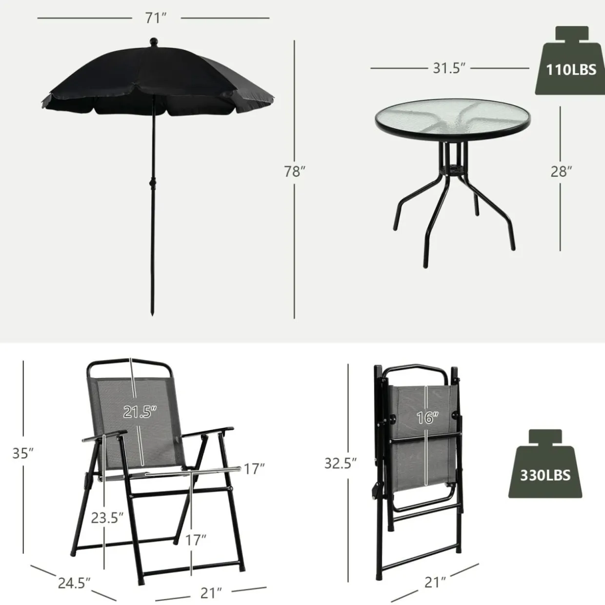Tangkula 6 Piece Folding Patio Dining Set, Outdoor Table Chair Set for 4, 31.5" Round Table & 4 Folding Chairs, Patio Tiltable Umbrella Included