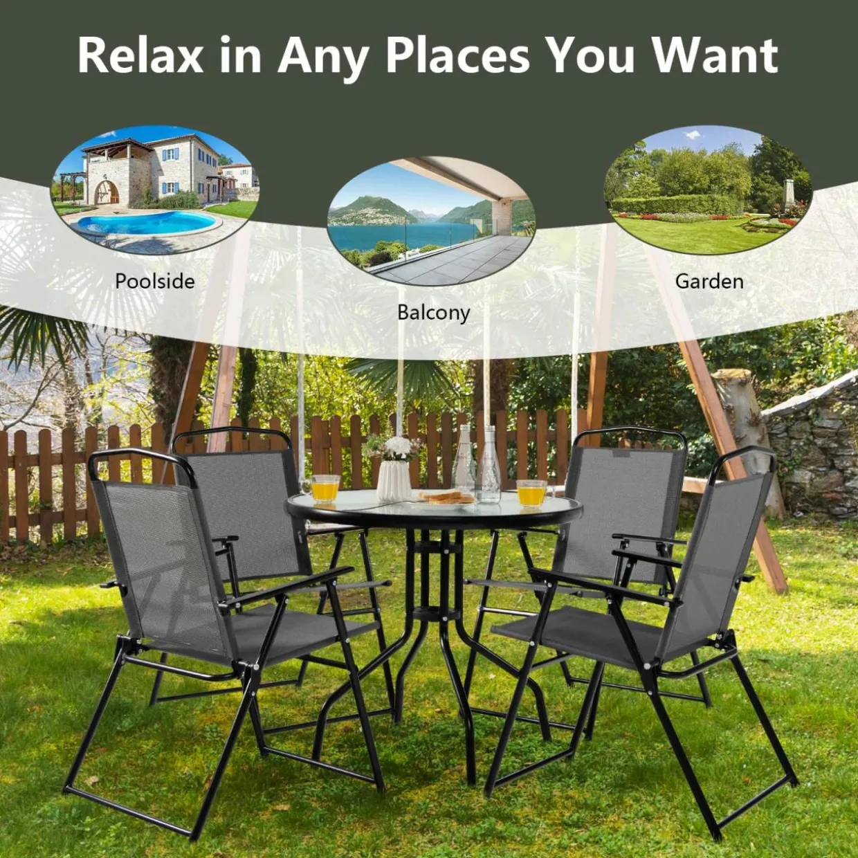 Tangkula 6 Piece Folding Patio Dining Set, Outdoor Table Chair Set for 4, 31.5" Round Table & 4 Folding Chairs, Patio Tiltable Umbrella Included