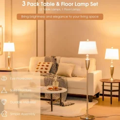 Tangkula 3 Piece Lamp Set, Modern Floor Lamp & 2 Table Lamps