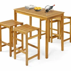 Tangkula 5 Piece Outdoor Acacia Wood Bar Table Set, 45" Rectangular High Top Table with 4 Saddle Seat Bar Height Stools