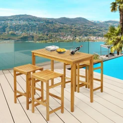 Tangkula 5 Piece Outdoor Acacia Wood Bar Table Set, 45" Rectangular High Top Table with 4 Saddle Seat Bar Height Stools