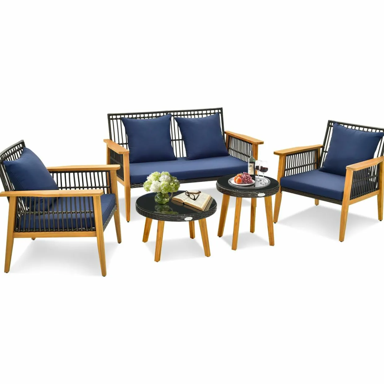 Tangkula 5 Piece Outdoor Conversation Set, Patiojoy Rattan Chair Set with 2 Coffee Tables, Stable Acacia Wood Frame