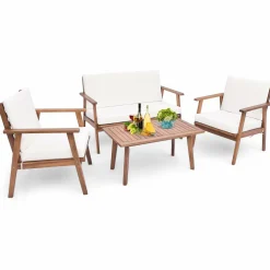 Tangkula 4 Piece Outdoor Conversation Set, Acacia Wood Sofa Set with Soft Seat & Back Cushions