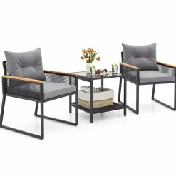 Tangkula 3 Piece Outdoor Conversation Set, Rattan Armchairs with 2-Layer Side Table