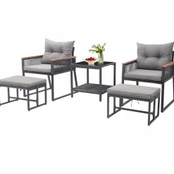 Tangkula 5 Piece Outdoor Conversation Set, Rattan Armchairs w/ 2-Layer Side Table & 2 Ottomans