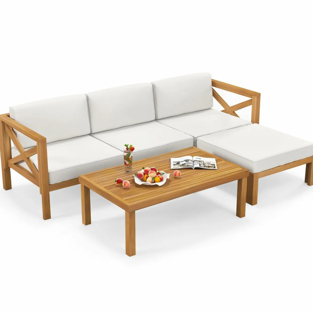 Tangkula 5 Piece Outdoor Conversation Furniture Set, Acacia Wood Sectional Sofa Set with 3 Chairs
