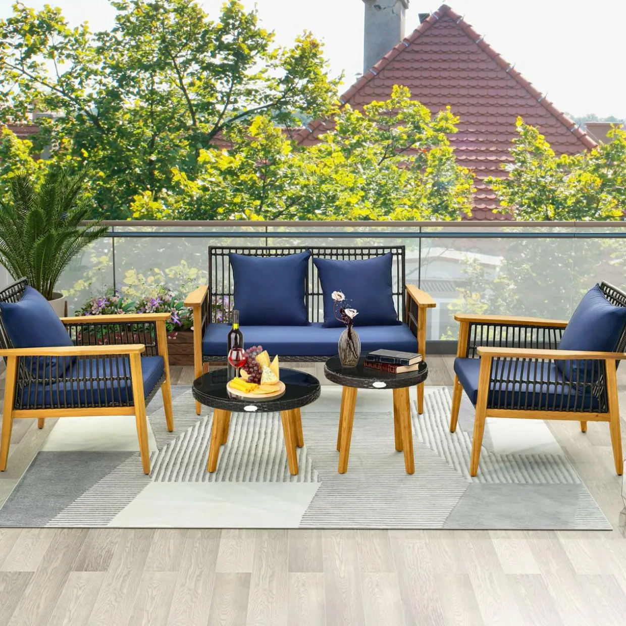Tangkula 5 Piece Outdoor Conversation Set, Patiojoy Rattan Chair Set with 2 Coffee Tables, Stable Acacia Wood Frame