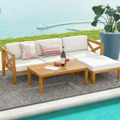Tangkula 5 Piece Outdoor Conversation Furniture Set, Acacia Wood Sectional Sofa Set with 3 Chairs