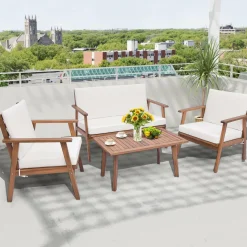 Tangkula 4 Piece Outdoor Conversation Set, Acacia Wood Sofa Set with Soft Seat & Back Cushions