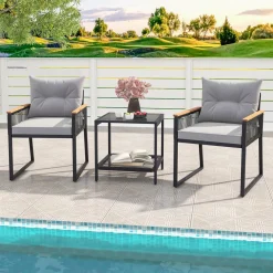 Tangkula 3 Piece Outdoor Conversation Set, Rattan Armchairs with 2-Layer Side Table