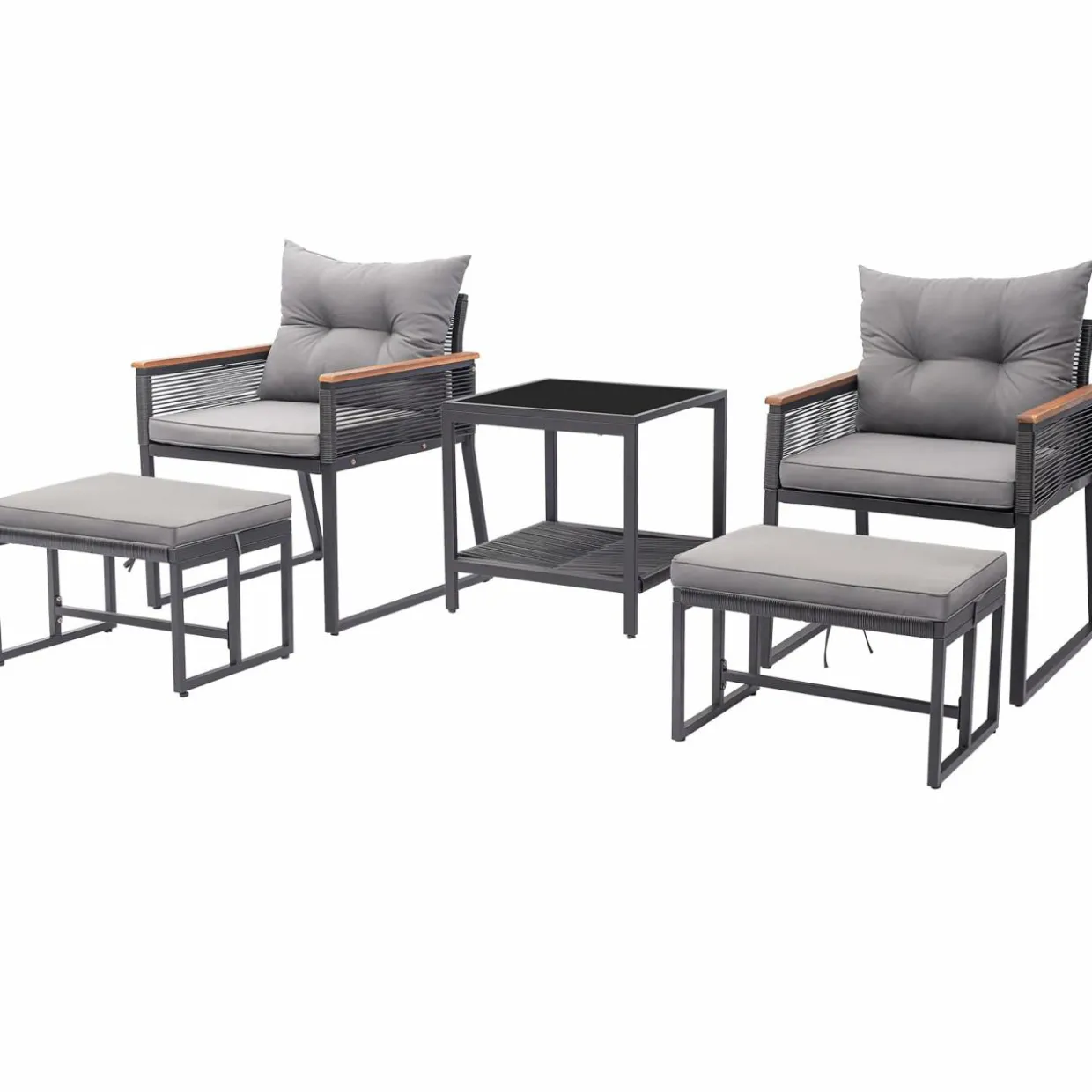 Tangkula 5 Piece Outdoor Conversation Set, Rattan Armchairs w/ 2-Layer Side Table & 2 Ottomans