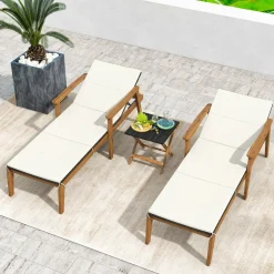 Tangkula 3 Piece Outdoor Chaise Lounge Chair Set, 2 Rattan Cushioned Patio Chaise w/Folding Coffee Table