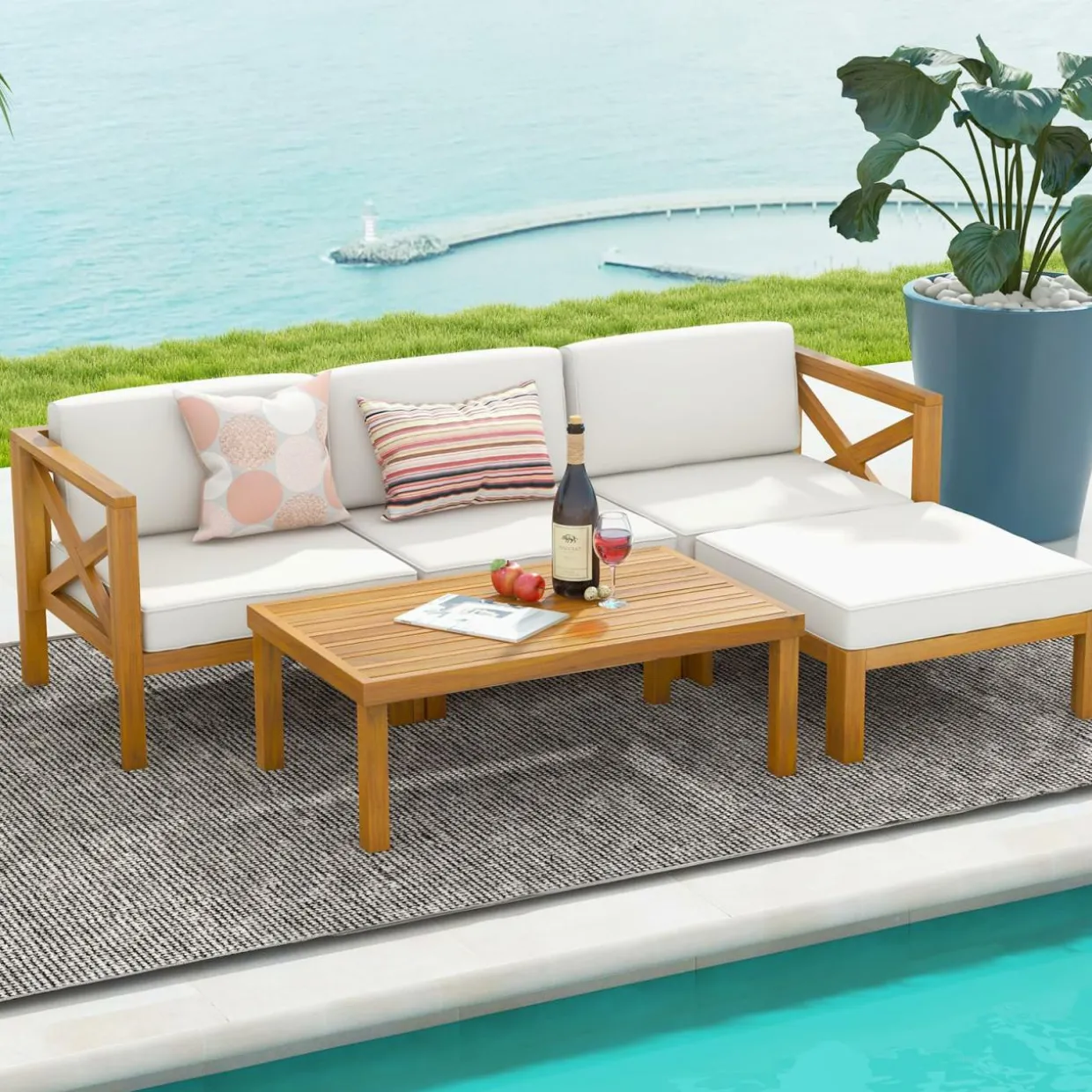 Tangkula 5 Piece Outdoor Conversation Furniture Set, Acacia Wood Sectional Sofa Set with 3 Chairs