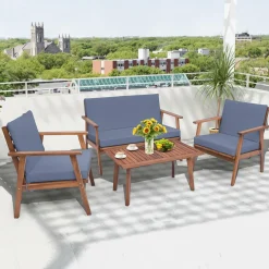 Tangkula 4 Piece Outdoor Conversation Set, Acacia Wood Sofa Set with Soft Seat & Back Cushions