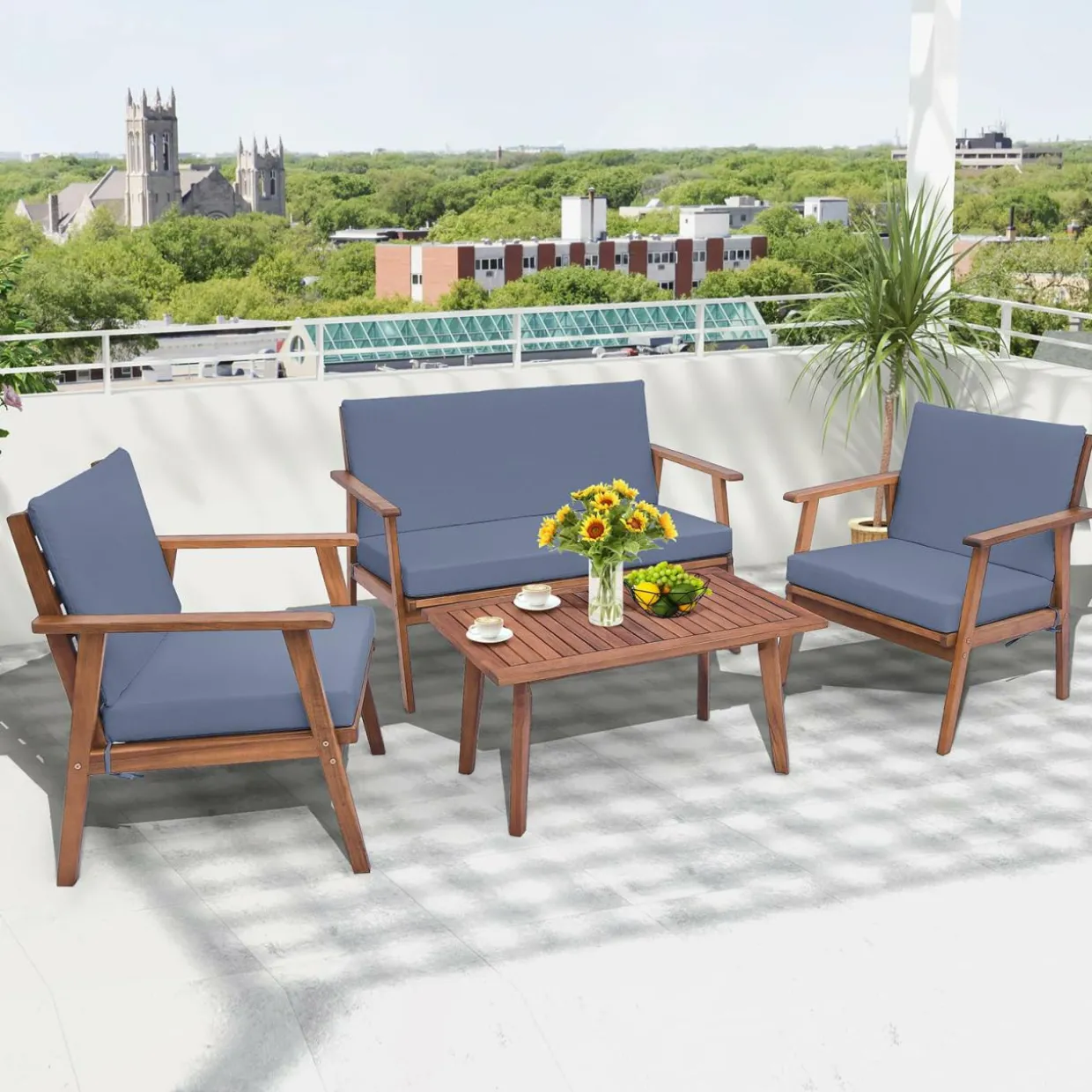Tangkula 4 Piece Outdoor Conversation Set, Acacia Wood Sofa Set with Soft Seat & Back Cushions